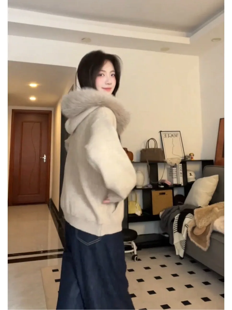 Koreaanse Sle Thiened gebreide trui met capuchon, dameswinterjas met dubbele ritssluiting, casual Faion, warme ort top met groot bont...