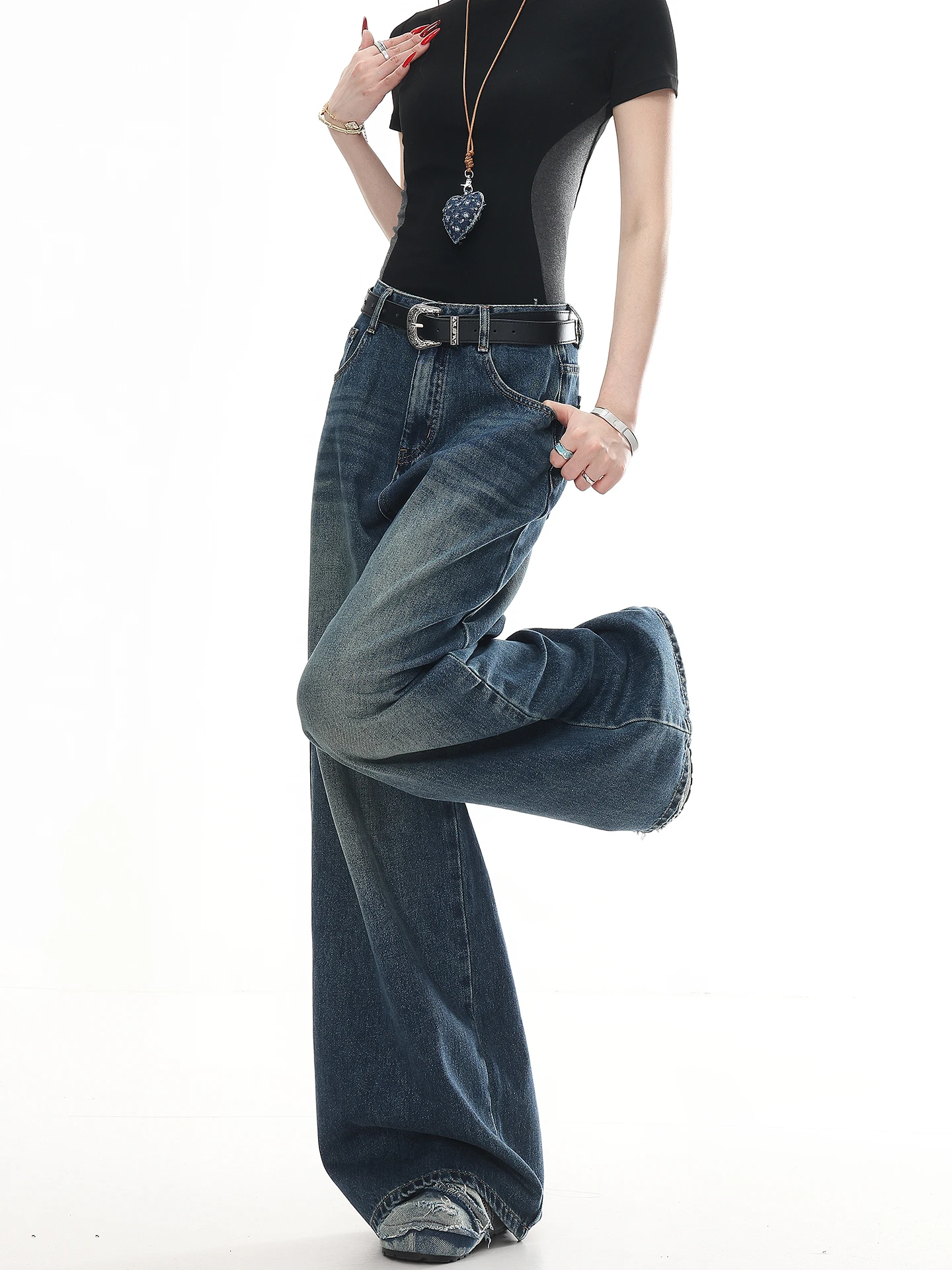 

Retro American Street Style Women's Loose Fit Jeans High Waist Versatile Straight Leg Denim Pants Washed Effect Floor-Length