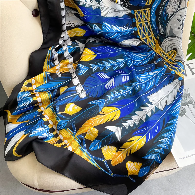 New woman Fashion Art design Ethnic print female chain feather Scarf scarf 110cm Large Square Sunscreen Mother Headscarf