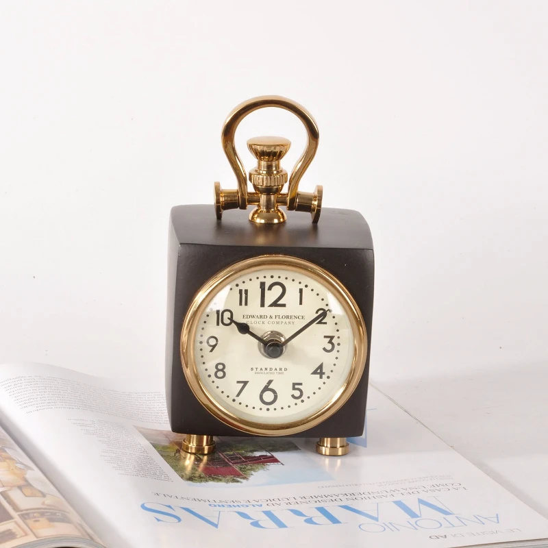 

European Metal Table Clock with Handle Vintage Decorative Desk Clock for Bedroom Home Decor Ornament for Desktop Nightstand