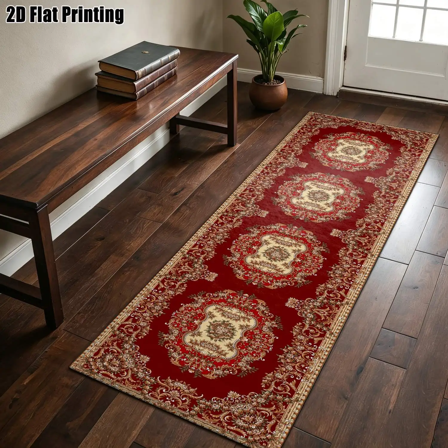 1Pc 2D Printed Long Strip Runner Carpet: Red Retro Floral, Geometric Striped, European Style, Retro Home Decor Rug, Multi-Size, Machine Washable, for Entrance, Hallway, Living Room, Bedroom