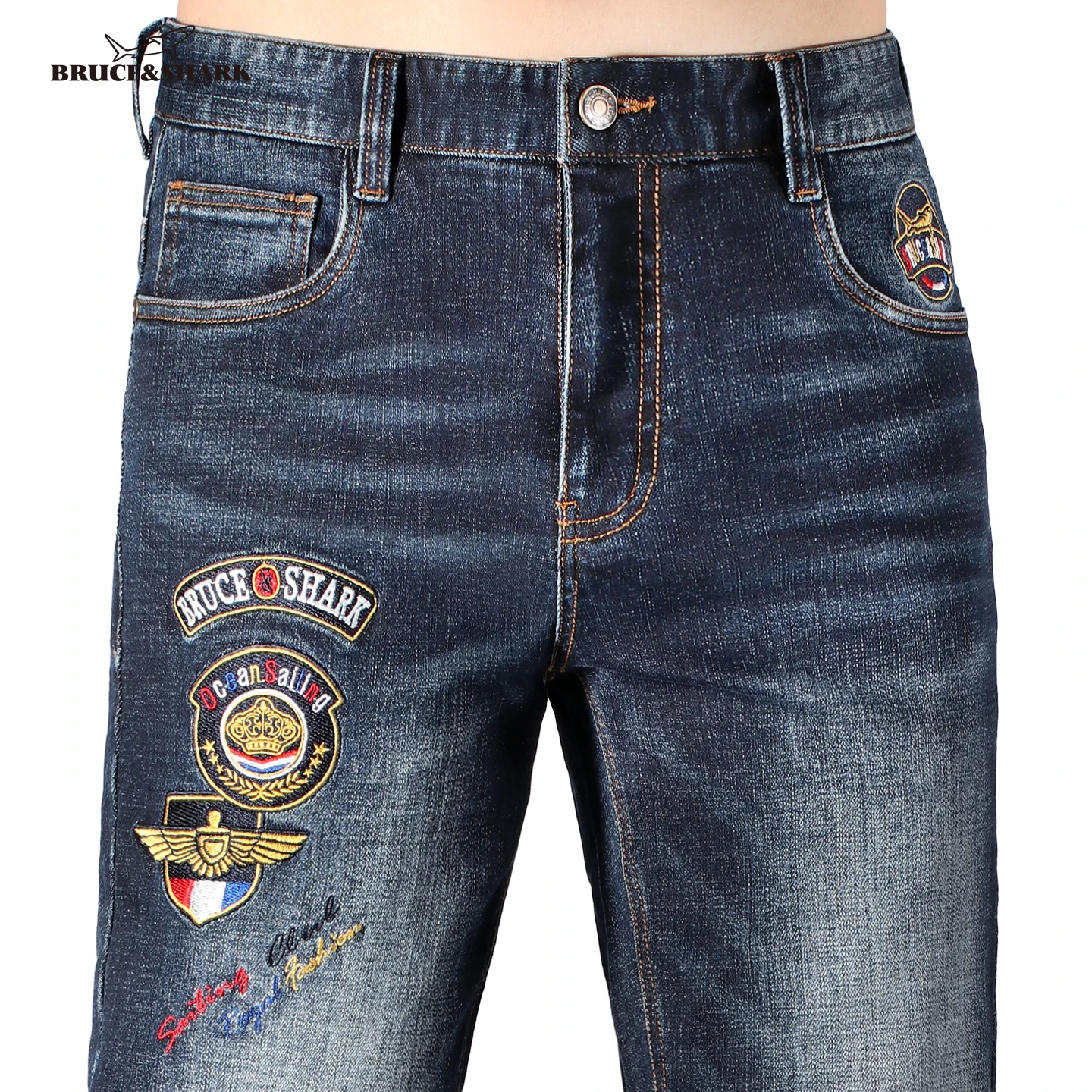 

Осень-зима 2022, мужские джинсы из плотного хлопка, модные джинсы с вышивкой, Брюс и Шарк, повседневные эластичные прямые джинсы для мужчин, большой размер