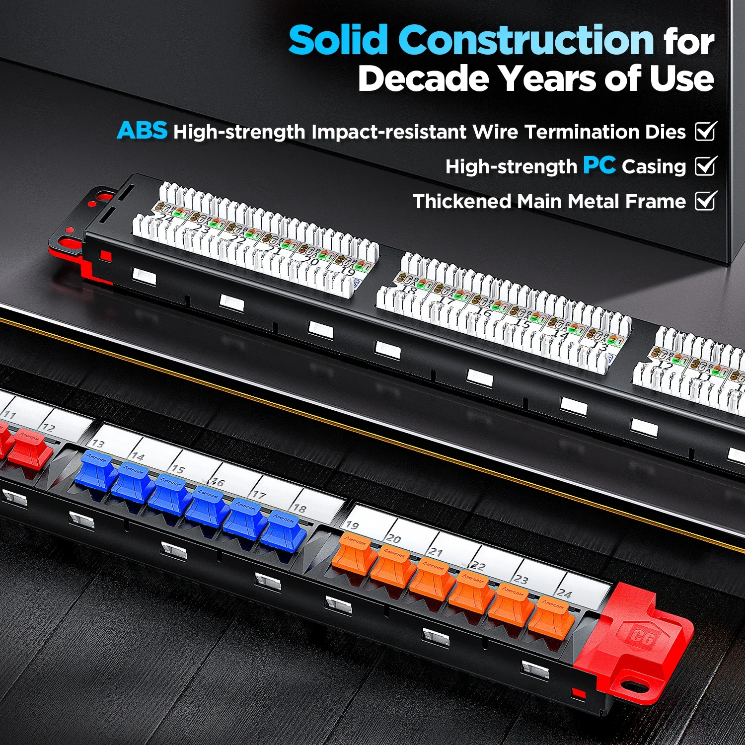 Патч-панель AMPCOM CAT6, 24 порта, Промышленная серия 50U позолоченная, 1 Гбит/с, стойка EDF с отверстием, прошедший испытание Fluke