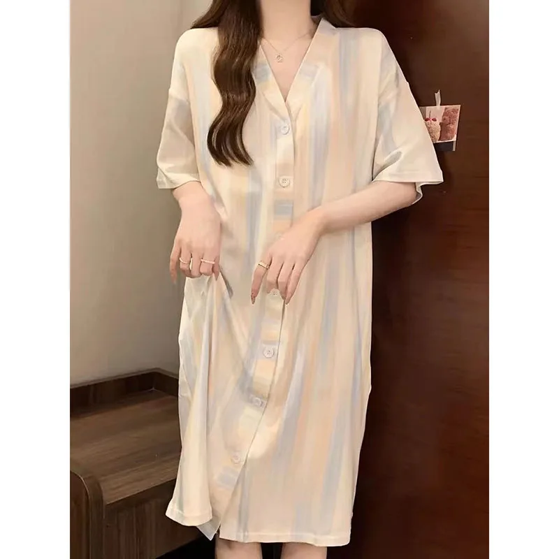 Striped Women Nightgown Summer Korean Sleepwear V-neck Night Dress Button One Piece Pajamas Short Sleeve Loose Home Wears 2024