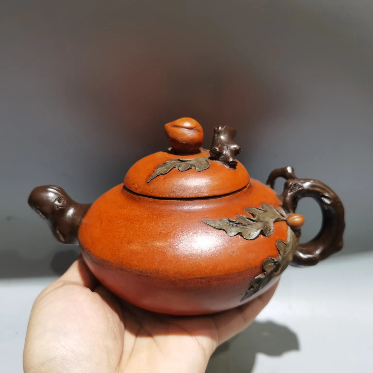 Old Chinese Handicraft Enameled YiXing Zisha (red stoneware) Teapot,Longevity Peach Teapot, with mark, Free shipping