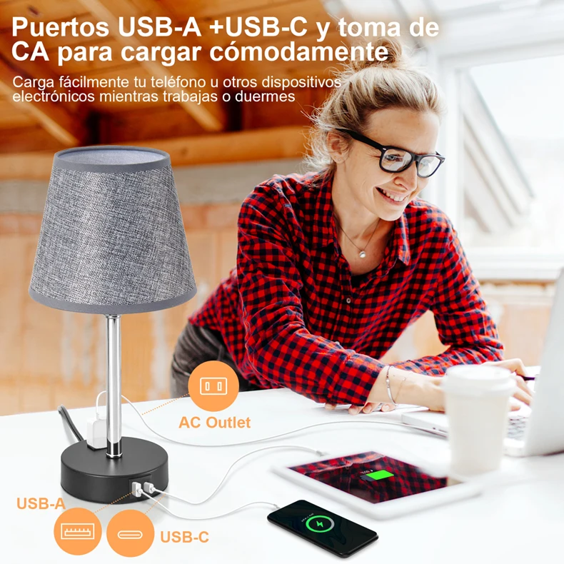 

Bedside Lamp for Bedroom Set of 2 Touch Control Table Lamp with USB C+A Charging Port and AC Outlet Rechargeable Led Lamps 2025