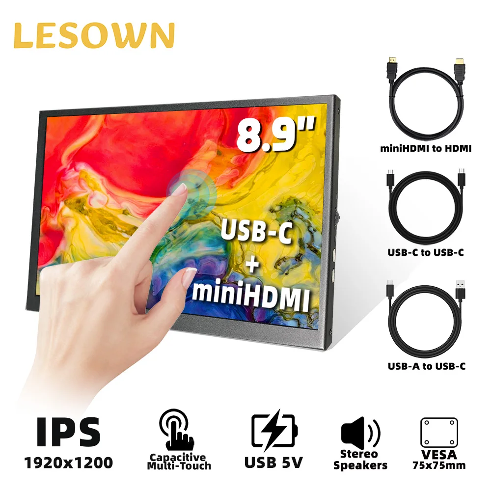 

LESOWN 8.9'' Portable Monitor 1920×1200 Compact No/Capacitive Touch Monitor with HDMI USB C Port Compatible with Raspberry Pi
