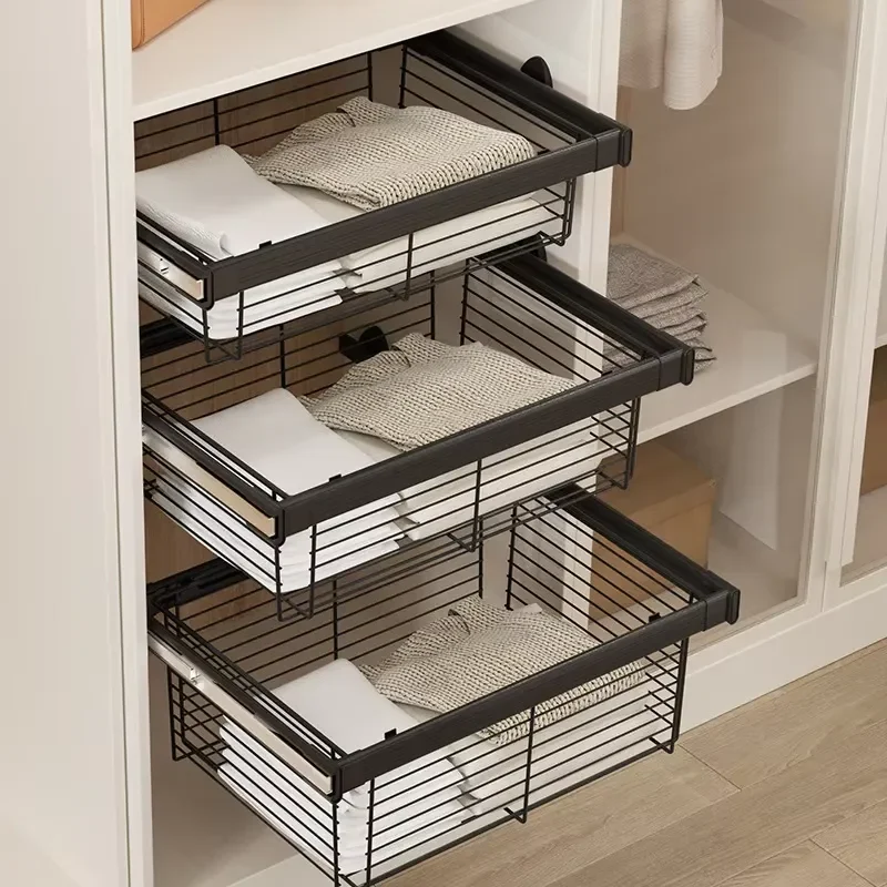 Stainless Steel Wire Mesh Laundry Basket Sliding Pull-out Storage for Bedroom Wardrobe Clothing Organization Durable Metal
