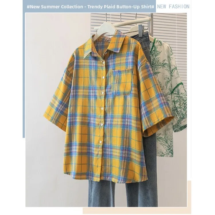 

Yellow Plaid ort Sve Casual irt Women's Good Quali Breathable Polyester Cotton Blend Loose Fit Open Cardigan Top