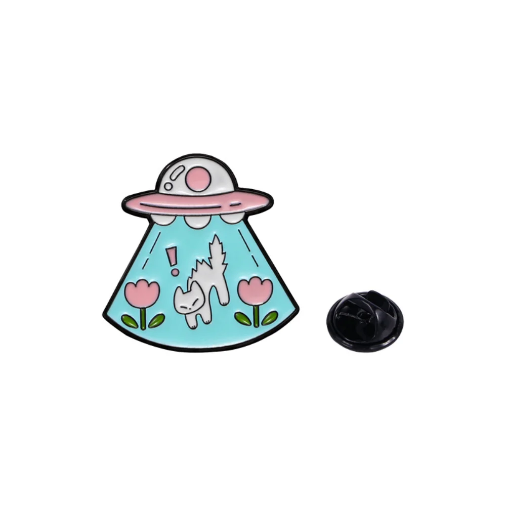 Cute Cartoon UFO Cat Catching Enamel Brooch Pink Blue Fresh Tulip Creative Badge Cat Shaped Pins Backpack Clothes Decorative Pin