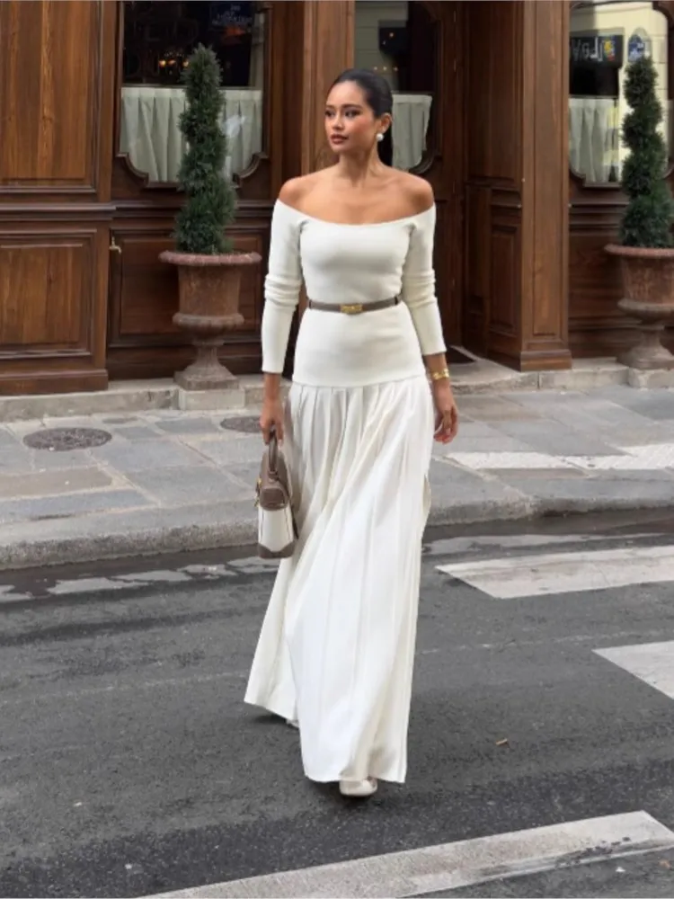 

Elegant Solid Color Patchwork Off Shoulder Long Dress Women Temperament Splicing Pleated Slit Long Sleeve Party Dresses Female