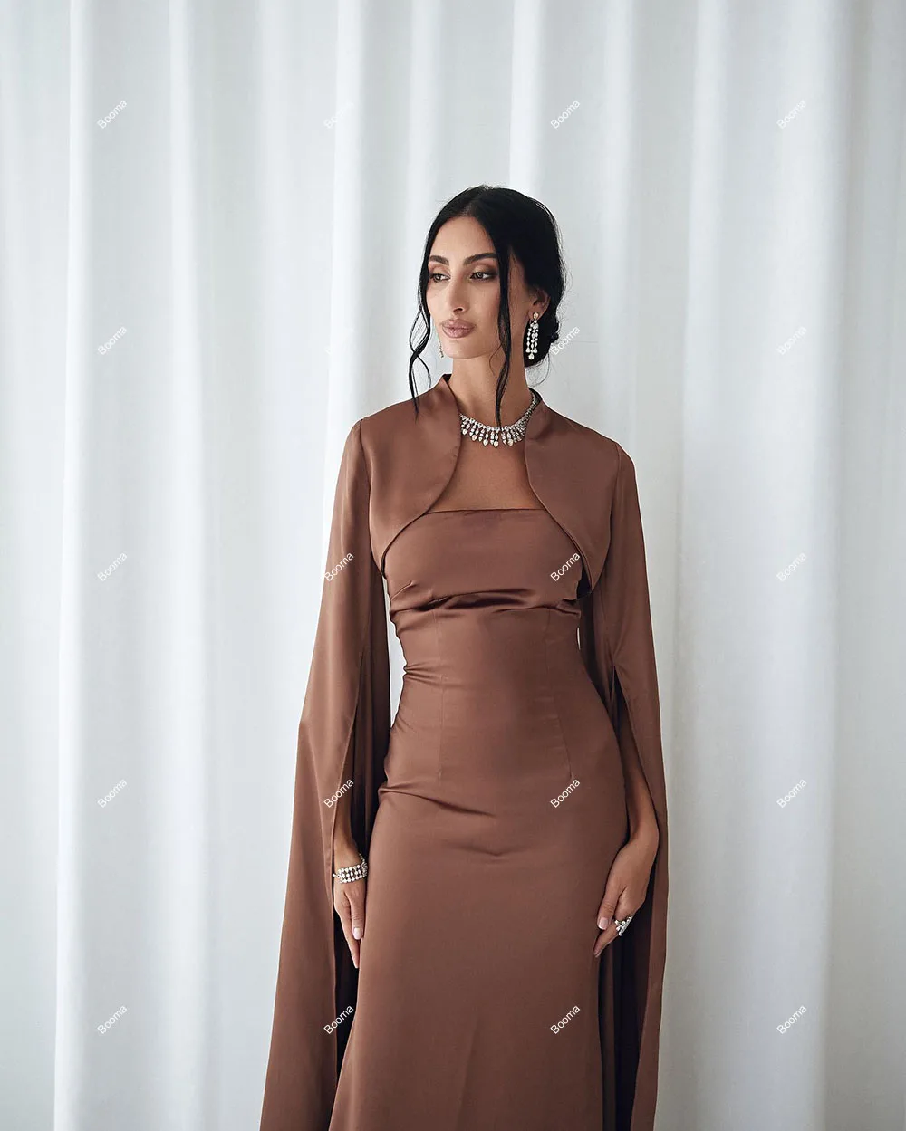 Booma Brown Elegant Simple Mermaid Evening Dresses Long Sleeves Cape Formal Occasion Dresses for Women Party Prom Gowns Dubai