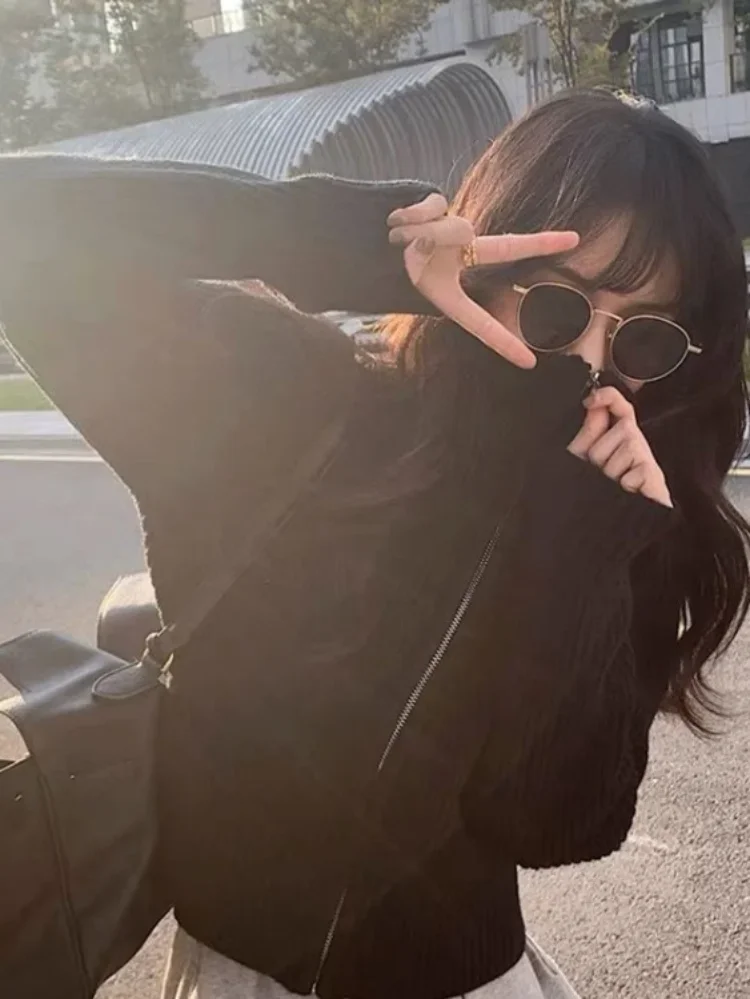 Y2k Aesthetic Harajuku Cardigan Mujer Kardigan Turtleneck Streetwear Grey Crop Tops Zipper 2024 Autumn All Match Solid Sweater
