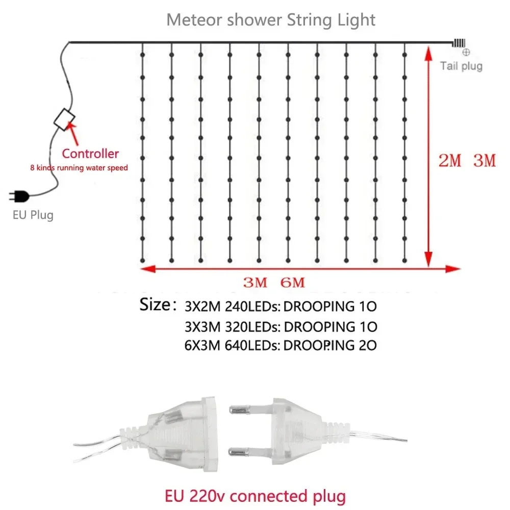 Imagem -05 - Natal Led Waterfall Meteor Shower Lights Rain String Light Festão Luzes Decorativas do Feriado Home Garland Cortina Ramadan 6x3m