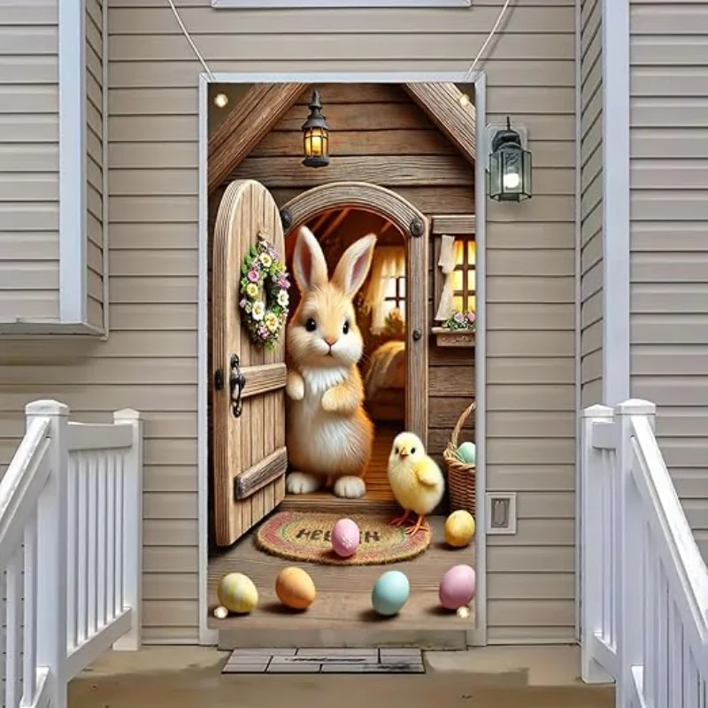 1Pc Easter Bunny Wooden House Door Hanging Chick Egg Door Hanging Background Cloth Holiday Home Store Atmosphere Door Hanging Hangable Scene Decoration Ornament