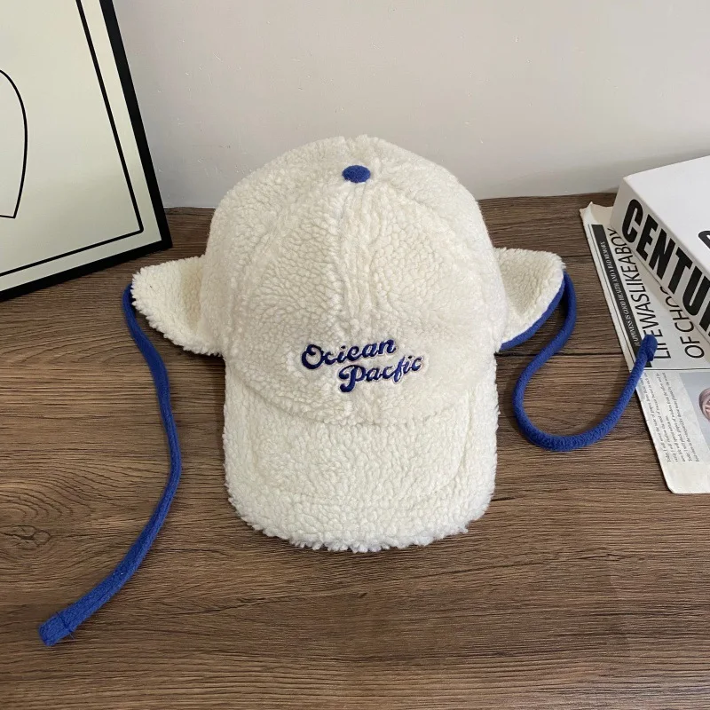 

plush baseball cap for women and men autumn winter caps thickened faux shearling warm winter cap with earflaps letters