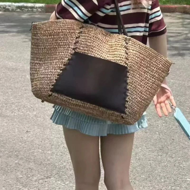 Raffia-Stroh Gewebte Leder-Patchwork-Tragetasche, Damen Große Kapazität Sommer Strand Urlaub Schultertasche, Reise-Pendler-Handtasche – Detail 10
