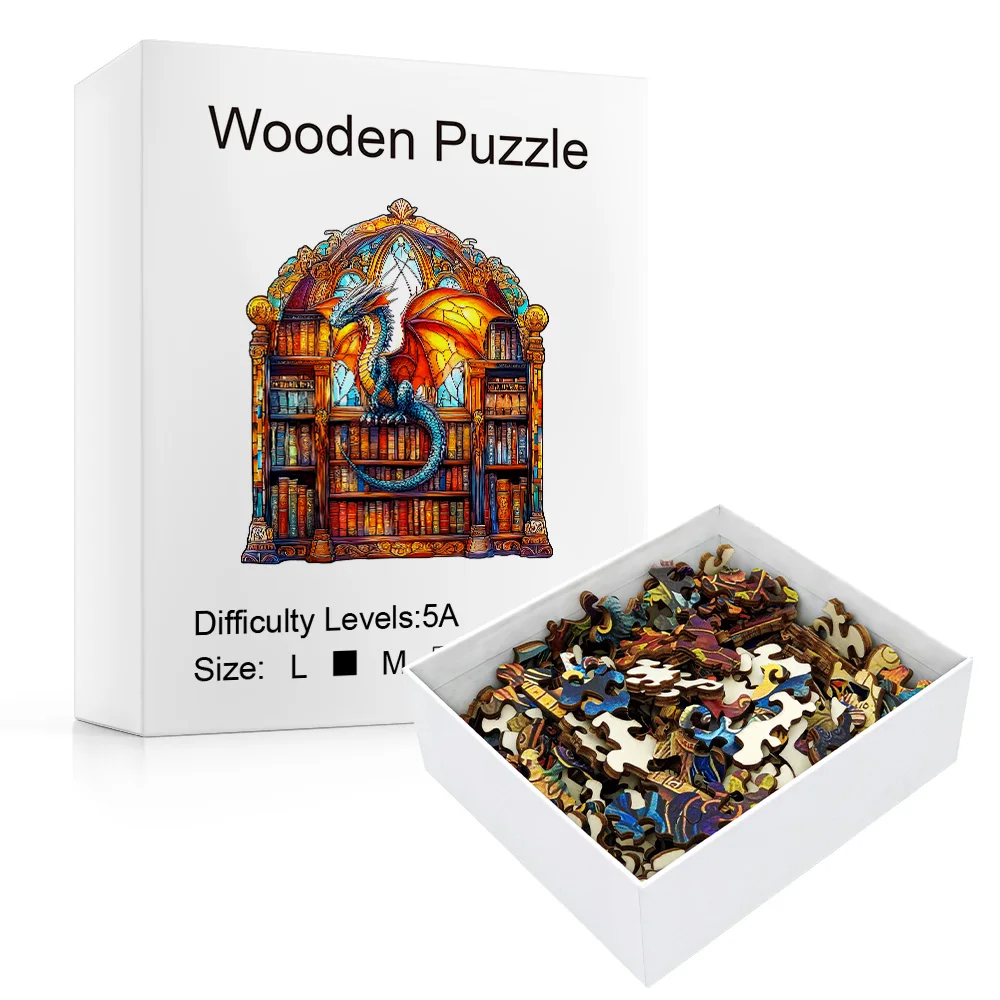 Quebra-cabeça de madeira de dragão mágico e biblioteca com peças de formato exclusivo