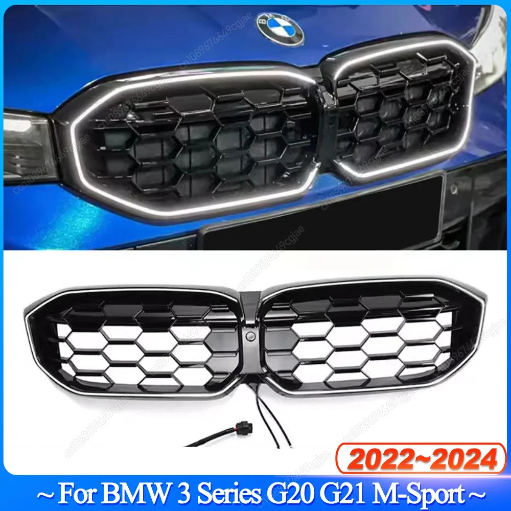 

Для BMW 3 серии G20 G21 M-Sport 2022-2024 Передняя решетка почек Гоночная решетка Верхний бампер Радиатор Капот Сетка со светодиодной подсветкой