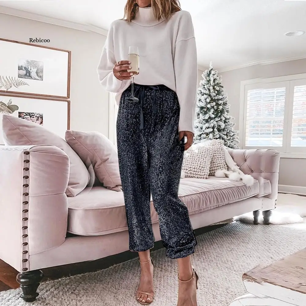 Women Spring Christmas Pocket Sequin Shiny Trousers Ladies Elegant Lace-Up Long Pants New Fashion Solid Color Slim Straight Pant