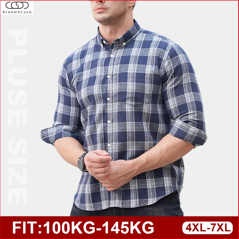 

GROOMXLUXE Oversized Men's Plaid Shirt For Business Office Plus Size Long Sleeve flannel Male Shirts Top 7XL 6XL 5XL 100KG-145Kg