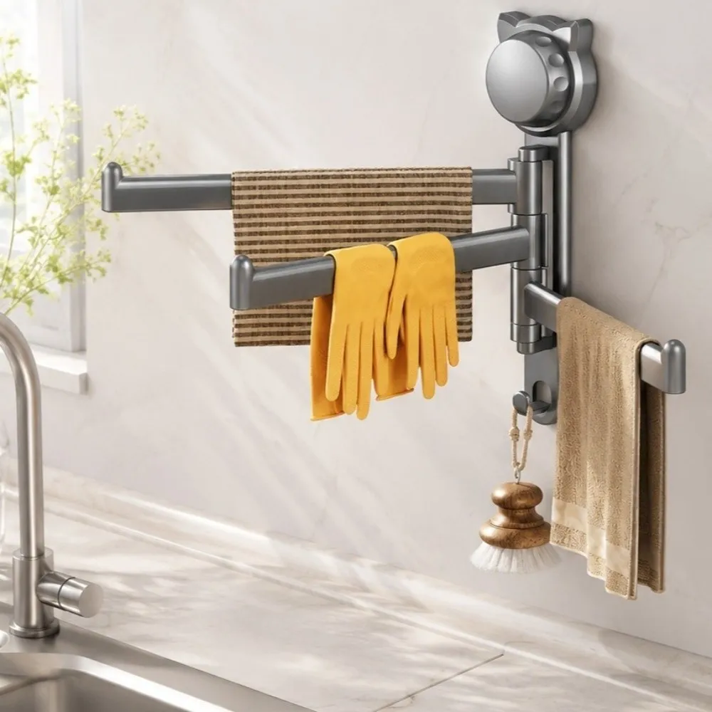 Suction Cup Rotating Towel Rack No Drill 180° Rotatable Towel Hanging Holder Multi-Rod Rustproof Towel Storage Hanger Balcony