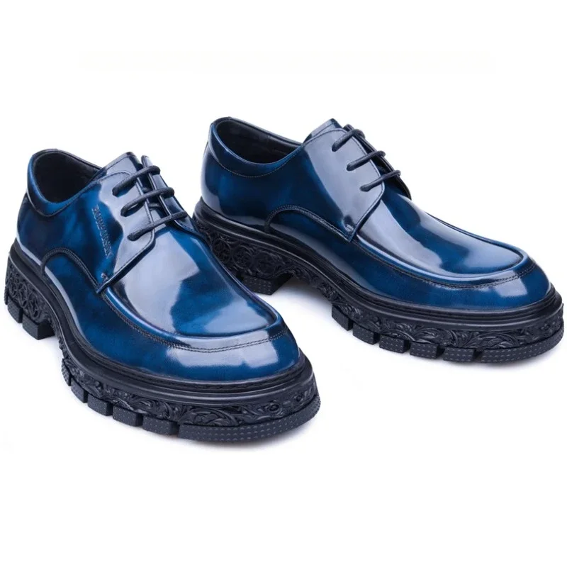 

New fashion design lace Men's Business Dress Shoes Genuine Leather Cowhide Thick Sole British Style Casual Shoes Blue