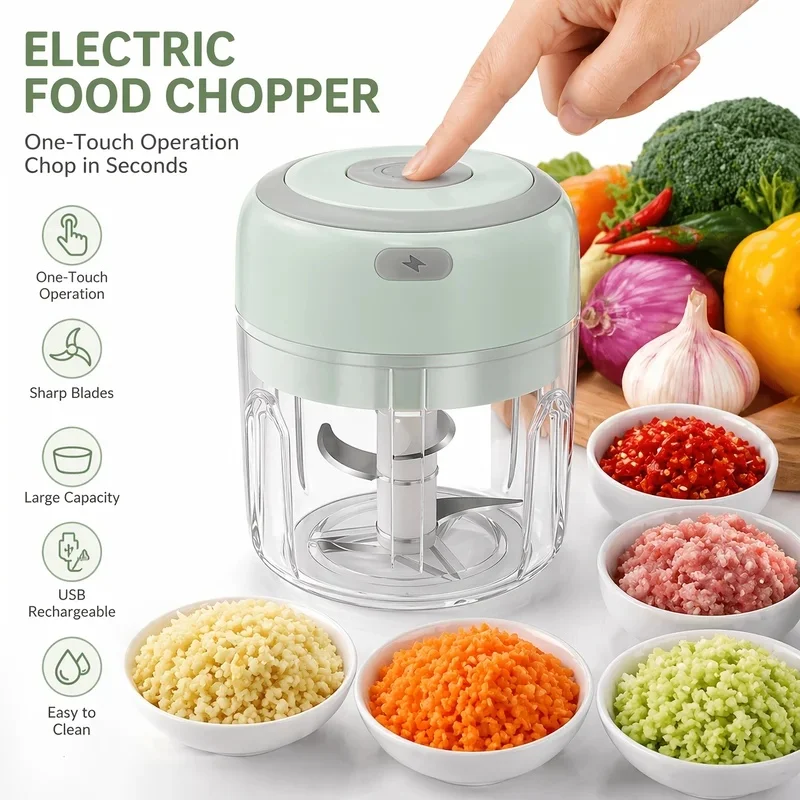 Electric Garlic Crusher, Portable Mini Food Chopper (with Meat Chopping Blade), Vegetable Chopper, Small Food Processor