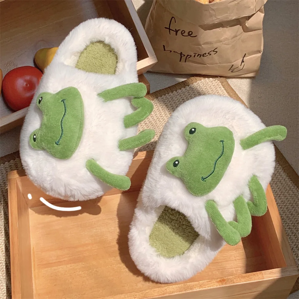 Creative and funny little frog warm plush cotton slippers autumn and winter new home indoor soft-soled cotton shoes women