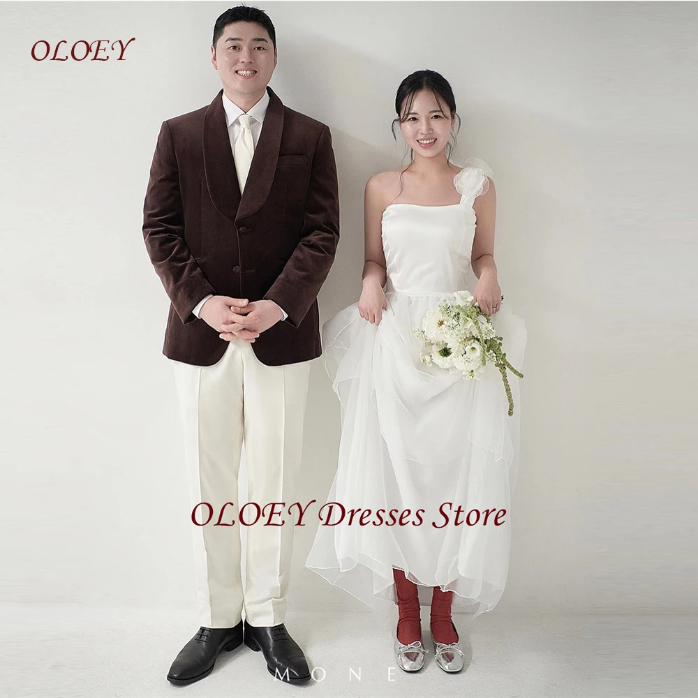 OLOEY One Shoulder Silk Organza Wedding Dresses Korea Photo shoot 3D Flowers Floor Length Bride Gowns Princess Mariage Customize