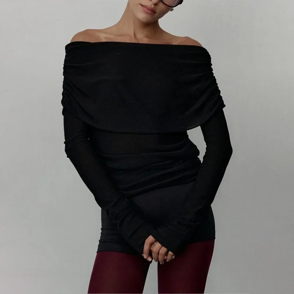 Women's Pullover Long Sleeved Knitted Base Shirt Autumn Winter Office Lady Sweater One Shoulder Sexy Slim Fit Off Shoulder Top