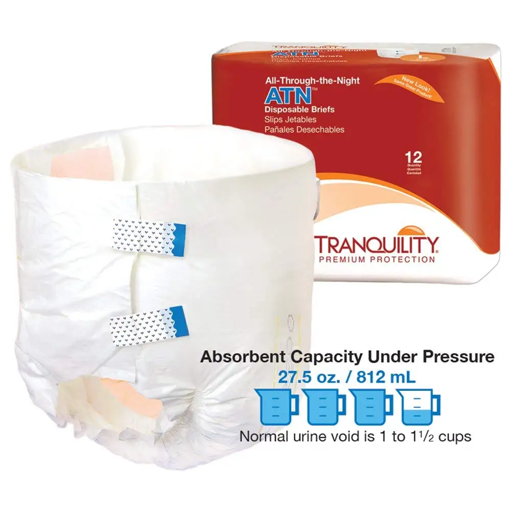 Tranquility ATN Adult Disposable Briefs, Refastenable Tabs with All-Through-The-Night Protection, XL (56"-64") - 12ct (Pack of 5