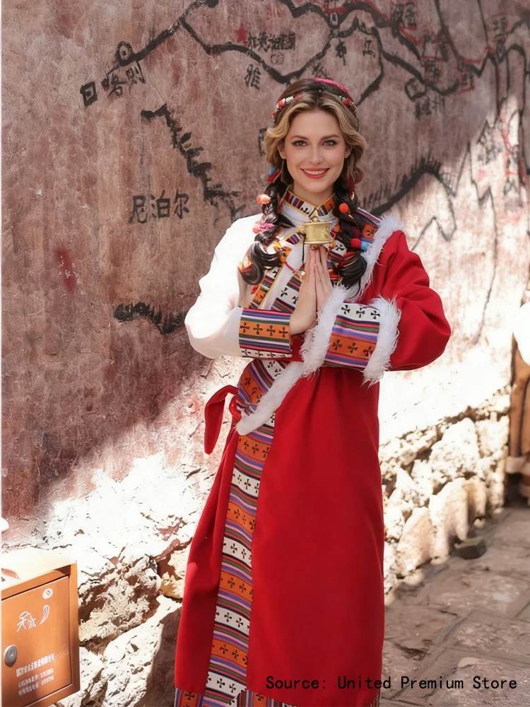 رداء مرجاني تبتي للجنسين شتاء دافئ سميك مخملي كم طويل حفلة الرقص الشعبي له #3