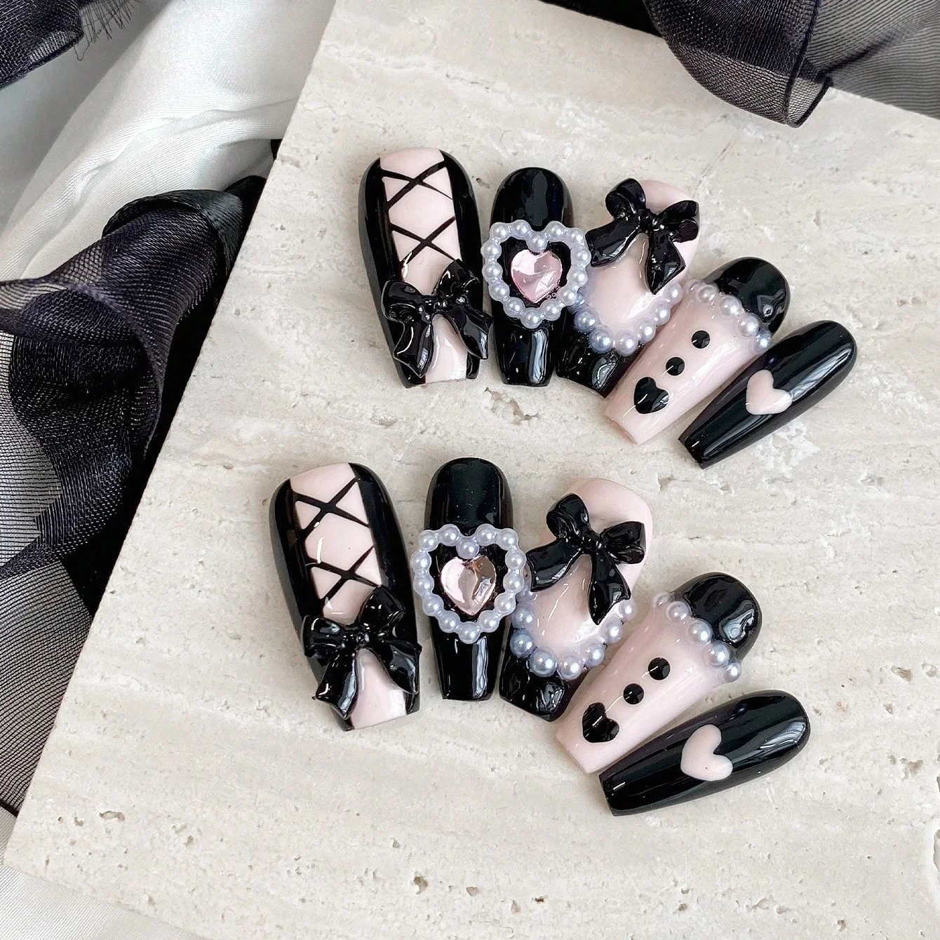 10pcs Pure Handmade Coffin Shaped Nail Art, Beautiful Fake Nails, Sweet and Cool Black Powder Bow, Suitable for Women to Use