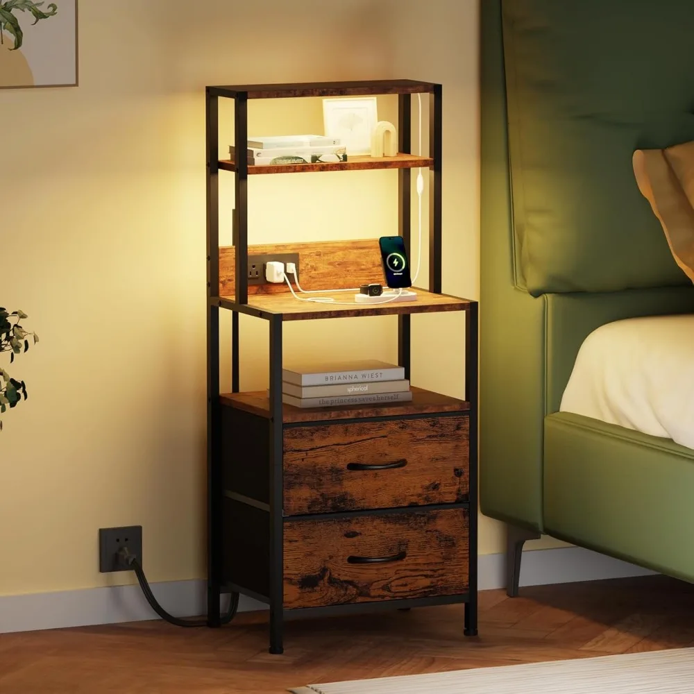 Night Stand, Tall Nightstand with 4-Tier Shelves, 2 Fabric Drawers and Light Tube, Bed Side Tables with Charging Station, Bedsi