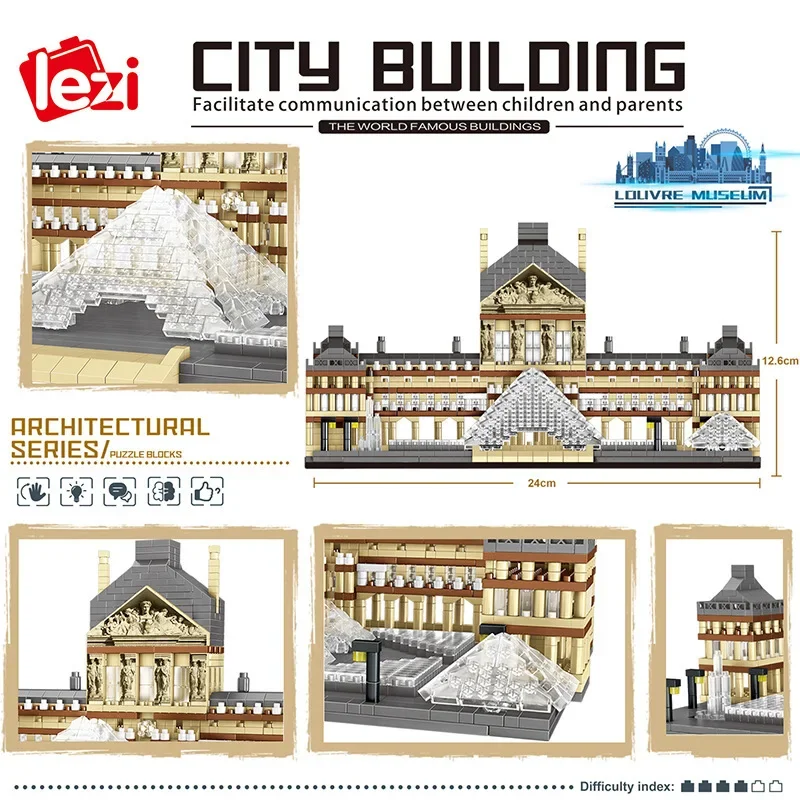 Lezi 8040 World Architecture Mini Building Blocks Paris Louvre Museum 3D Model DIY Diamond Bricks Toy for Children Gifts