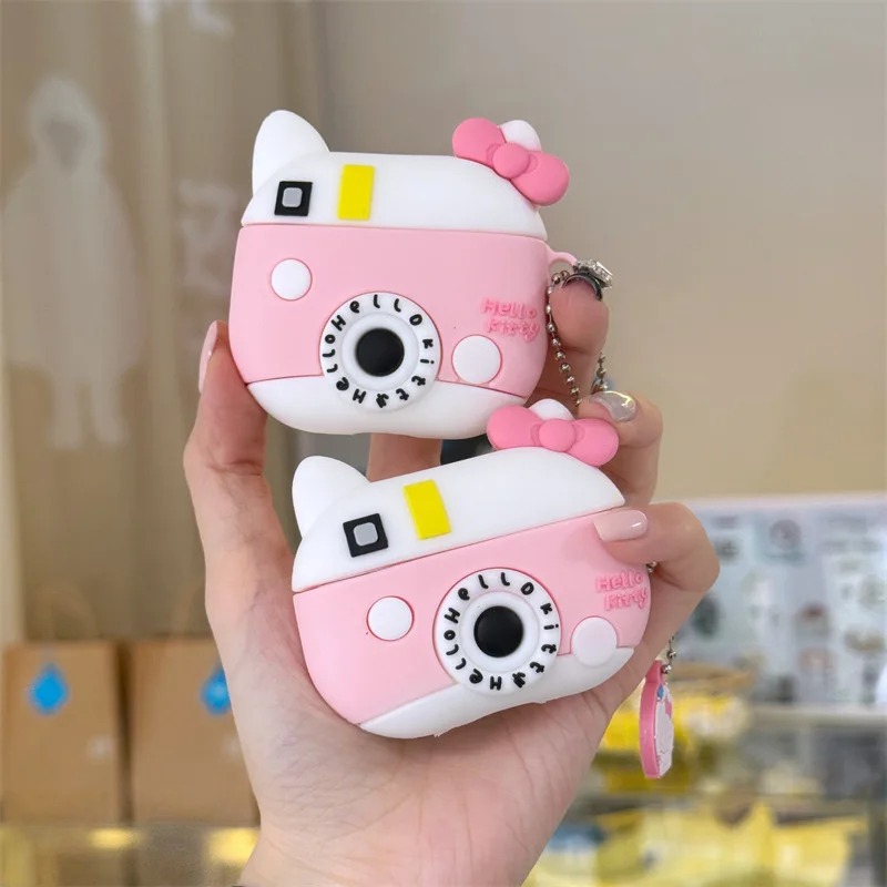 Kawaii Wacky Camera Hello Kitty Funny Case for Airpods 1 2 3 Pro Sanrio Anime Fashion Creative Protective Cover with Pendant