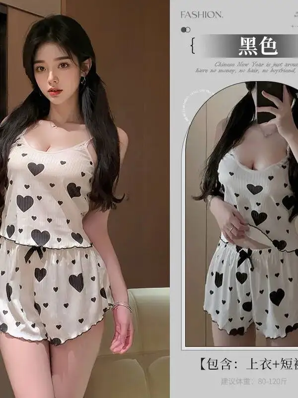 섹시한 Homewear 하트 프린트 반바지 세트 캐주얼 미드나잇 참 순수한 욕망 백리스 딥 V 멜빵 민소매 반바지 세트 UYWB