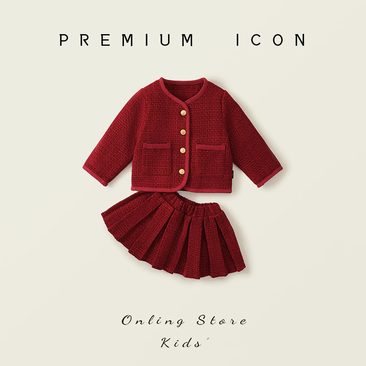

Girls Cotton Thick Red New Year Clothing 2025 Autumn and Winter New Korean Top Pleated Skirt Two-piece Set for Children