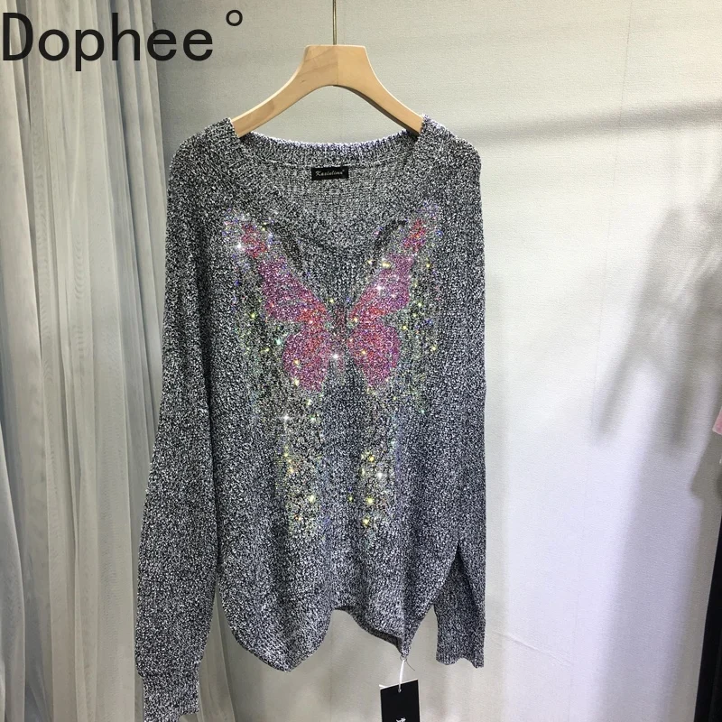 

Fashion Autumn Winter V-neck Women Pullover Top Shiny Butterfly Hot Drilling Mid-long Knitted Shirt Long Sleeve Basic Sweaters