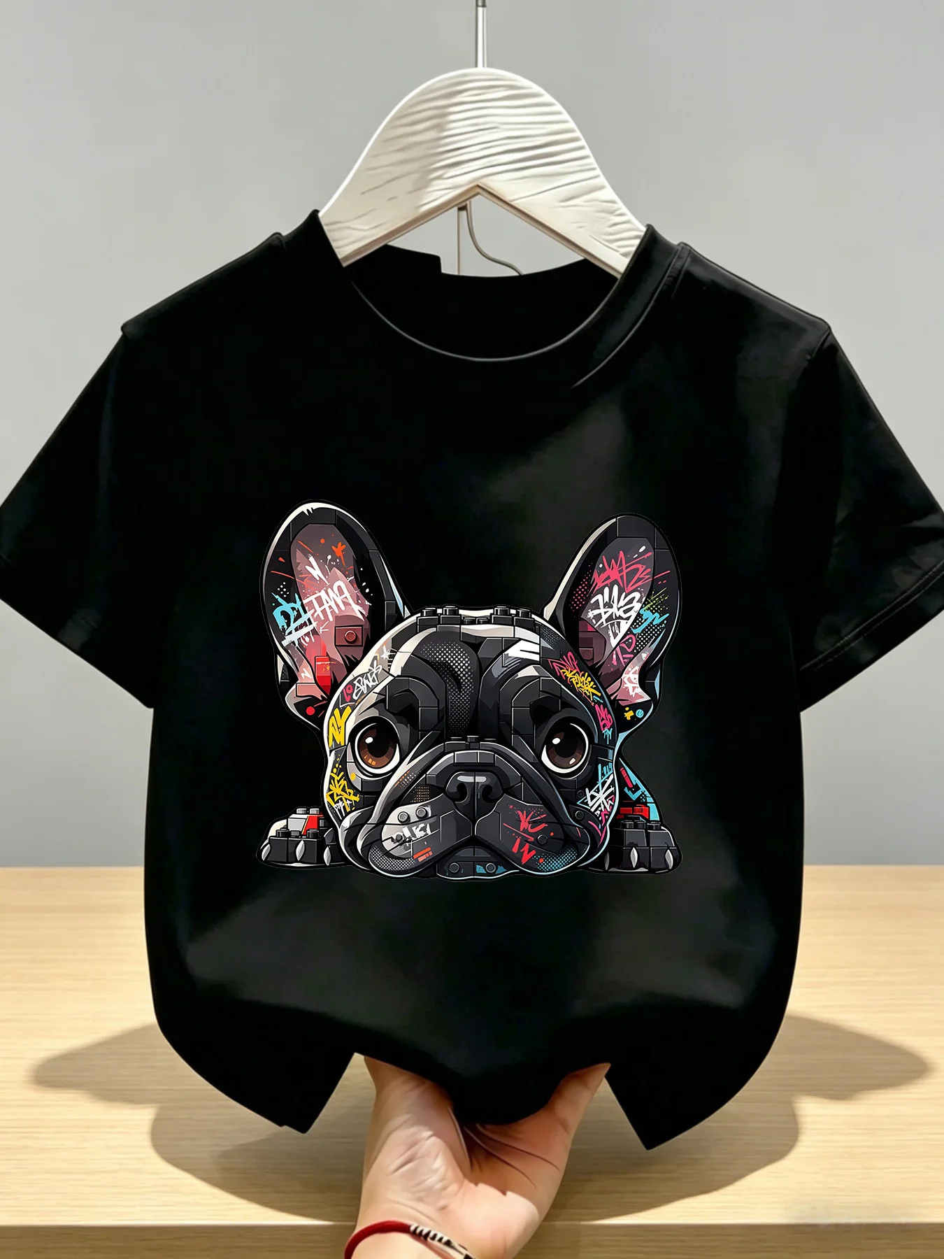 Creative Block Graffiti Printed Children's Short Sleeves for Fighting Dogs Daily Leisure, Personalized Parent Child Clothing