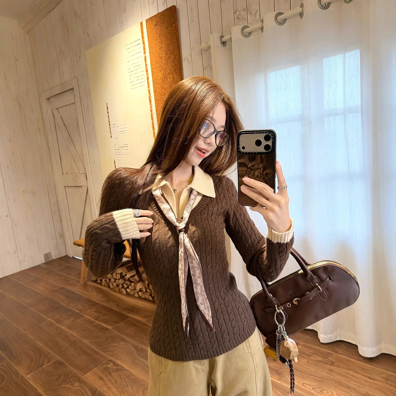 

Real Shot ~ Coffee Color Polo Collar Fake Two-Piece Knitted Sweater Women, Autumn And Winter Sweater, Slim Fit Long Sleeve Top