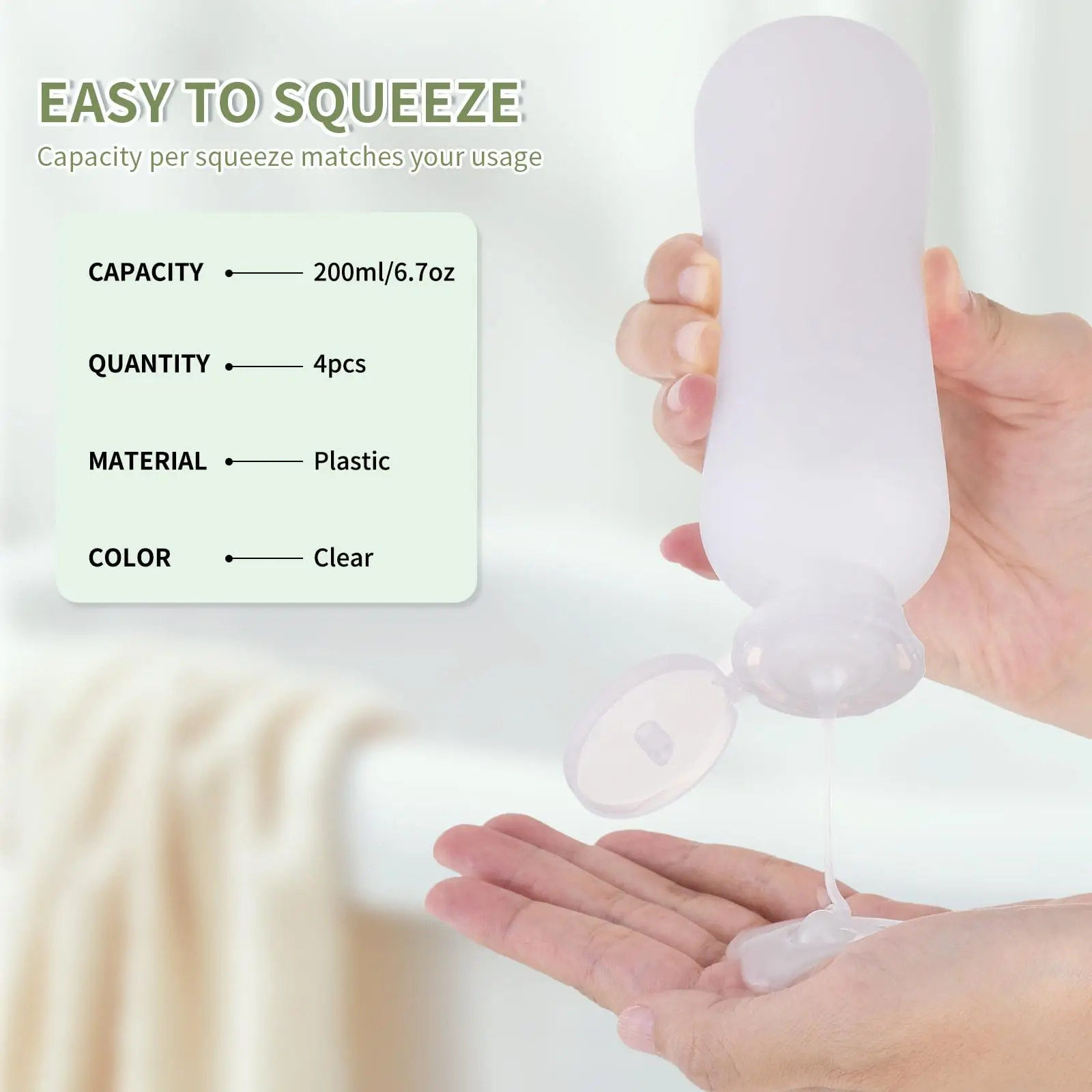 200ML/6.7oz Travel Shampoo Bottle, Empty Plastic Squeeze Bottles with Flip Cap, 4PCS Lotion Container for Toiletries