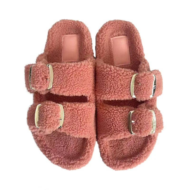 2023  Fur Slippers  High Quality imitation Wool Granule Rubber Flat Household Outdoor Women's Slider Slippers