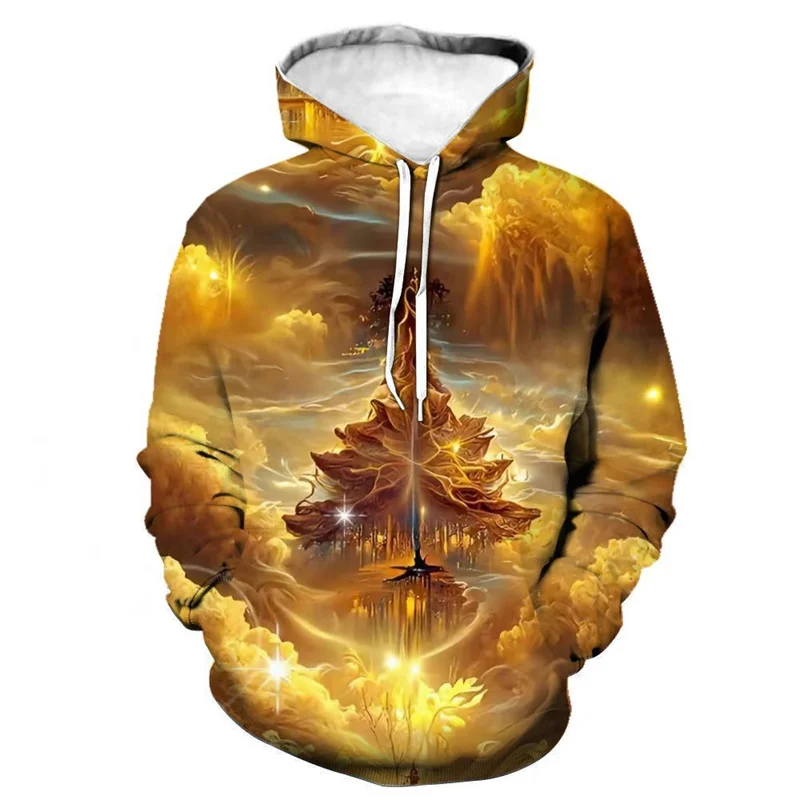 3D Printed Golden Stacking Hoodies For Men Fashion Pattern Pullovers Casual Hooded Long Sleeves Oversized Tops Sweatshirts