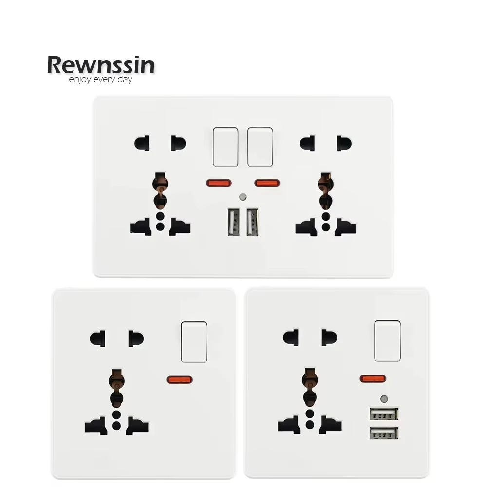 Plastic Panel Single Dual Socket DE EU FR Universal Socket 5-Hole 13A With 2.1A Dual USB Wall Mounted Power Socket 2-Pin 3-Pin