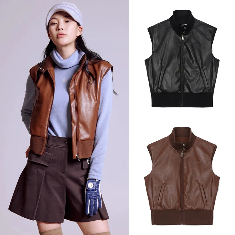 Autumn And Winter New Women's Leather Golf Vest Stand Up Collar Zipper Fashionable Temperament Sleeveless Golf Jacket