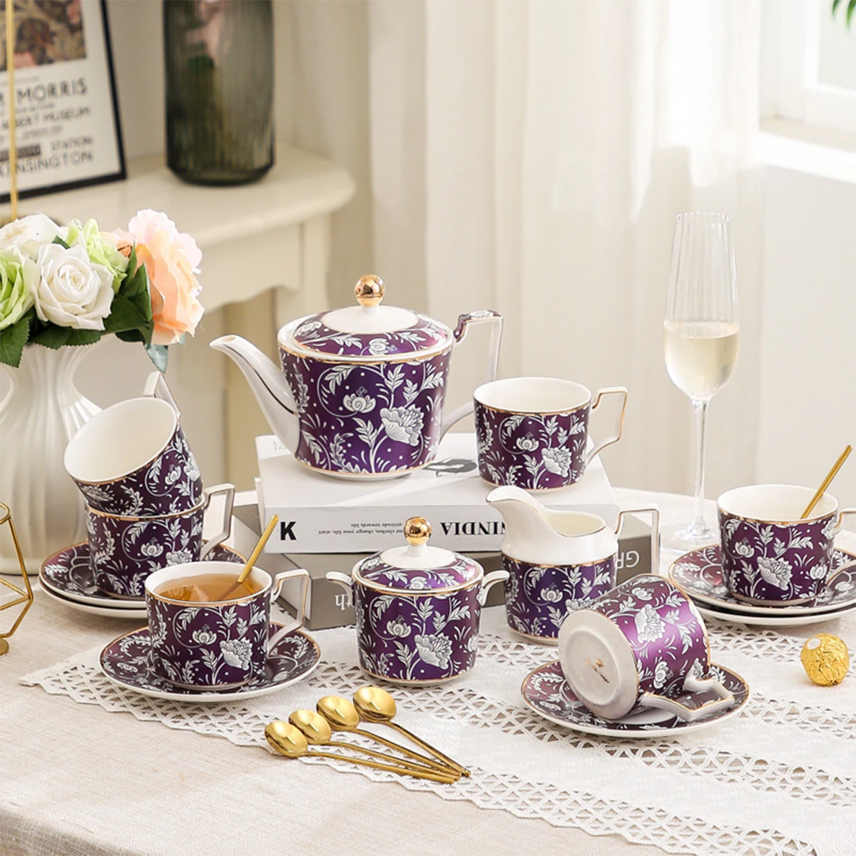 

Adult 4/6 Person Tea Set - Blue Tea Cup Set, Ladies' Tea Party Tea Set, Exquisite Bone China, Vintage English Porcelain Afternoon Tea Set, Luxury Gift