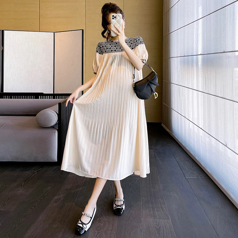 Embroidery Patchwork Pleat Maternity Straight Long Dress 2024 Summer Korean Fashion Clothes for Pregnant Women Casual Pregnancy