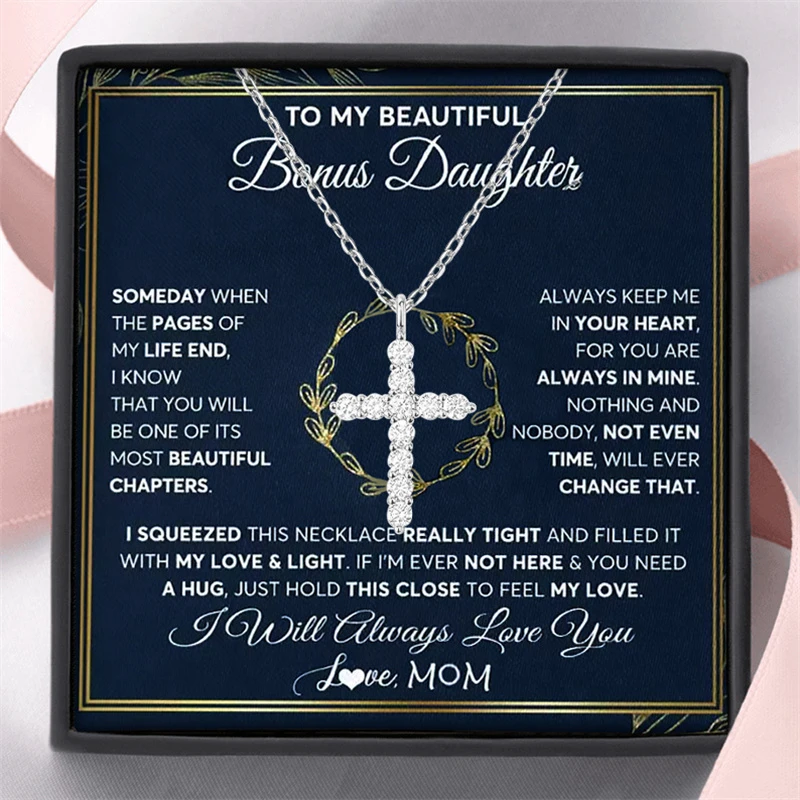 To My Bonus Daughter Cross Necklace, Cross Necklace for Her, Elegant Cross, Baptism Gift Religious Cross Jewelry Family Gift